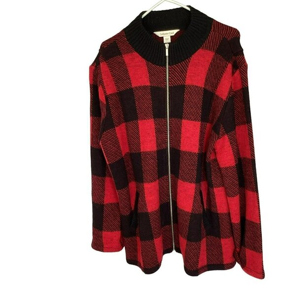 Coldwater Creek Jacket Women's Sz Large Zip Front 100% Wool Knit Buffalo Check - Picture 1 of 11